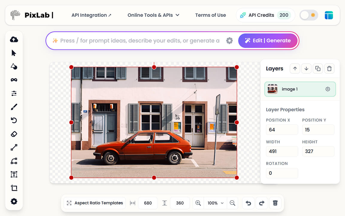 Design canvas in PixLab AI photo editor for browser-based editing