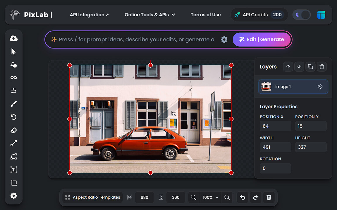 PixLab AI photo editor interface with prompt-based editing controls