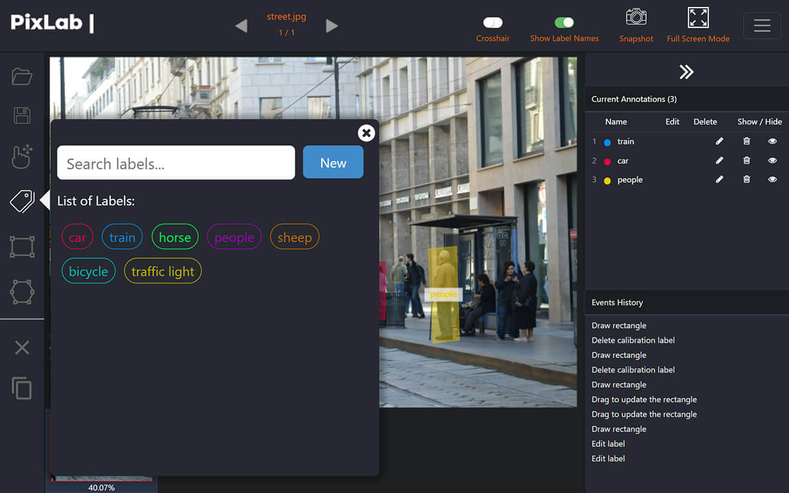 Local label history and class management panel in PixLab Annotate