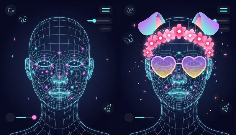 Illustration showing facial landmark detection system and AR filter overlay process