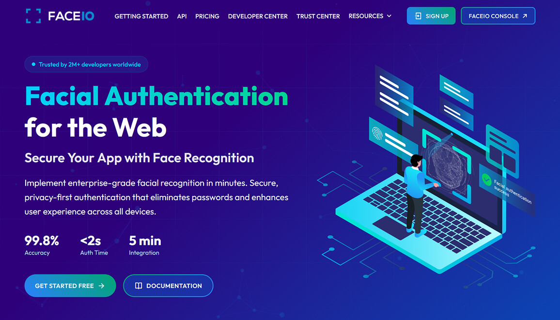 Illustration of passwordless facial authentication flow for web and app sign-in