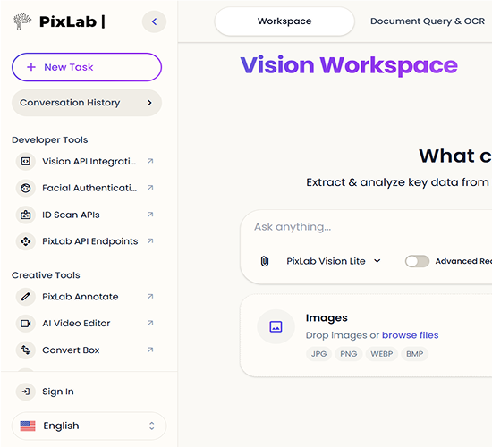 PixLab console interface for API key generation and testing