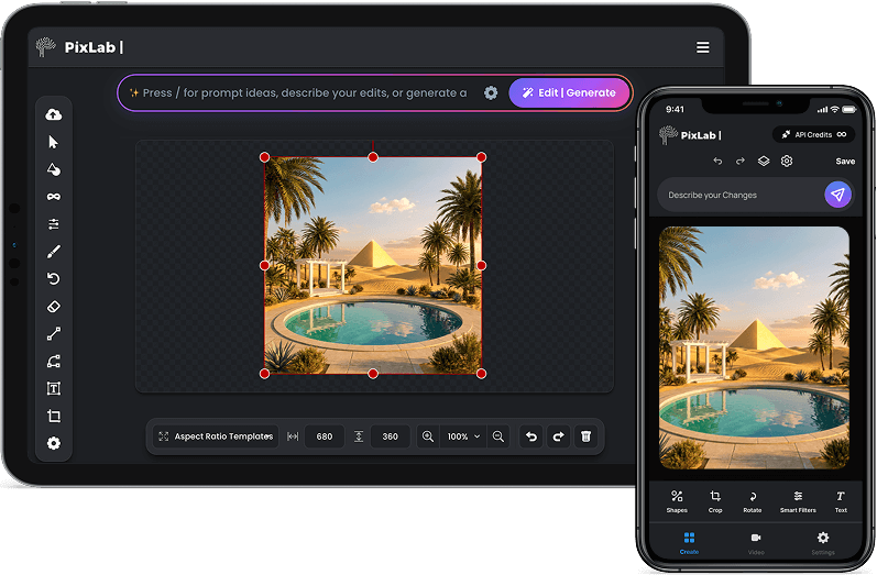 Floating mockup of an iPhone and iPad showing PixLab Photo Editor with a portrait retouching workflow.
