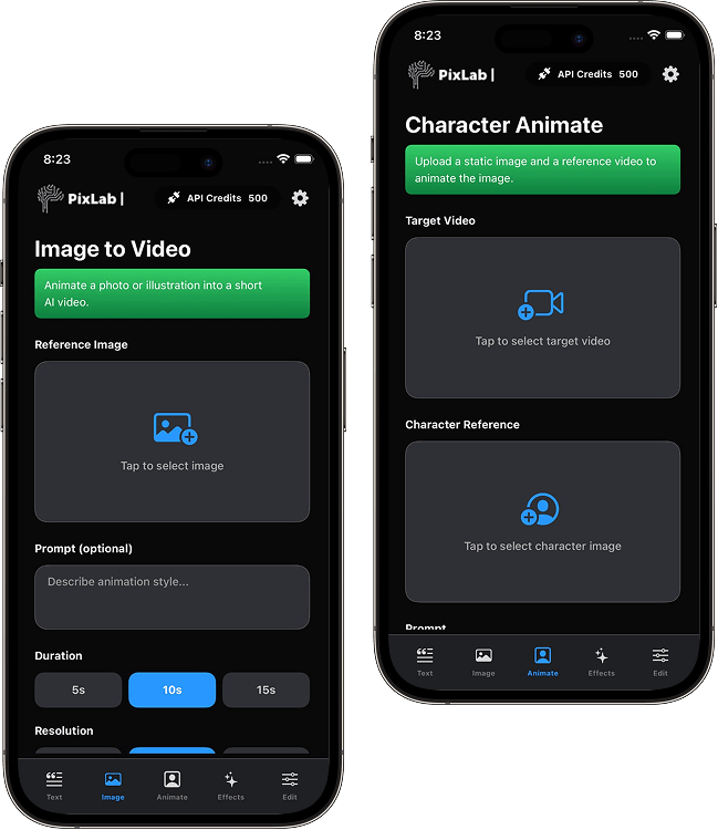 PixLab image-to-video feature on iPhone turning a still image into a motion clip.