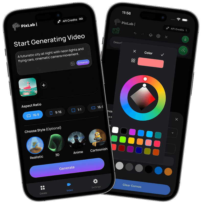 iPhone showing PixLab Video Editor with a colorful prompt-based editing interface.