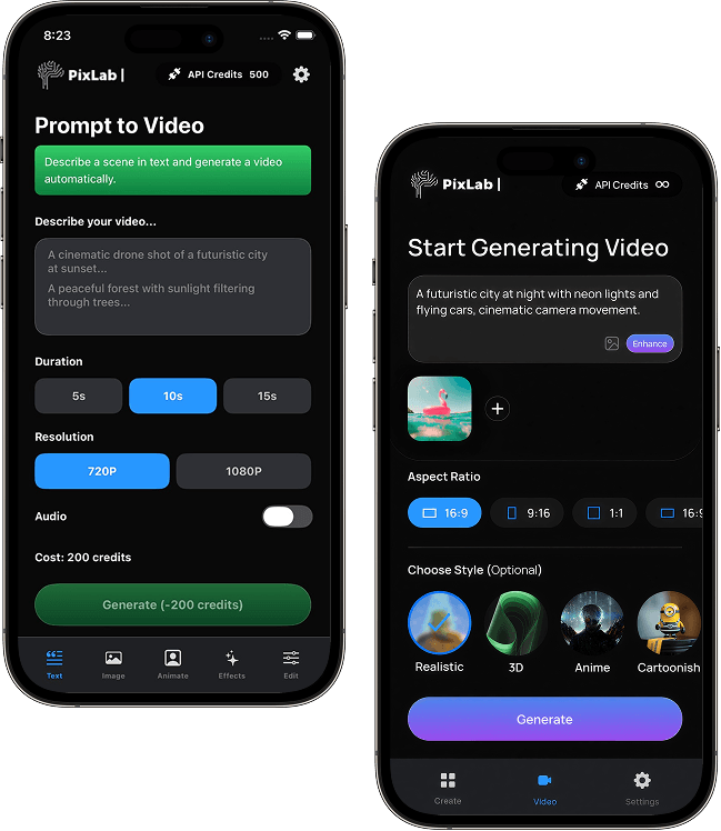 PixLab text-to-video showcase on iPhone with cinematic scenes generated from prompt-based instructions.