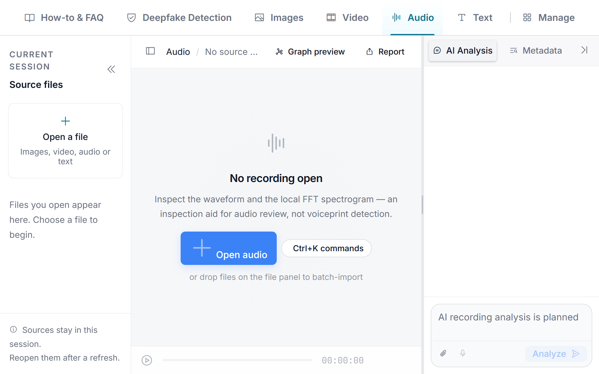 PixLab Forensic Audio workspace with local playback, waveform and spectrogram analysis areas, metadata, and reporting controls