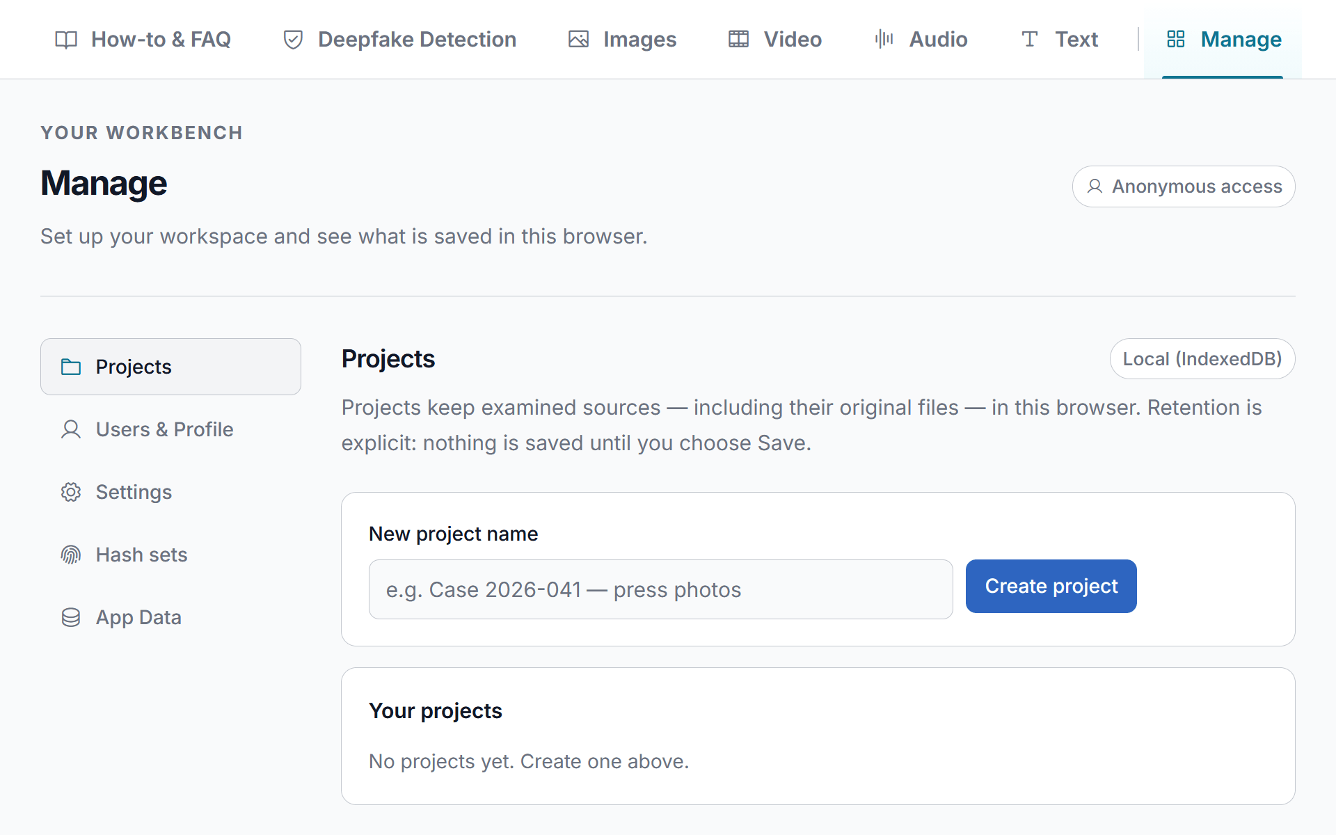 PixLab Forensic Manage workspace with local project creation, profiles, settings, hash sets, and app data controls