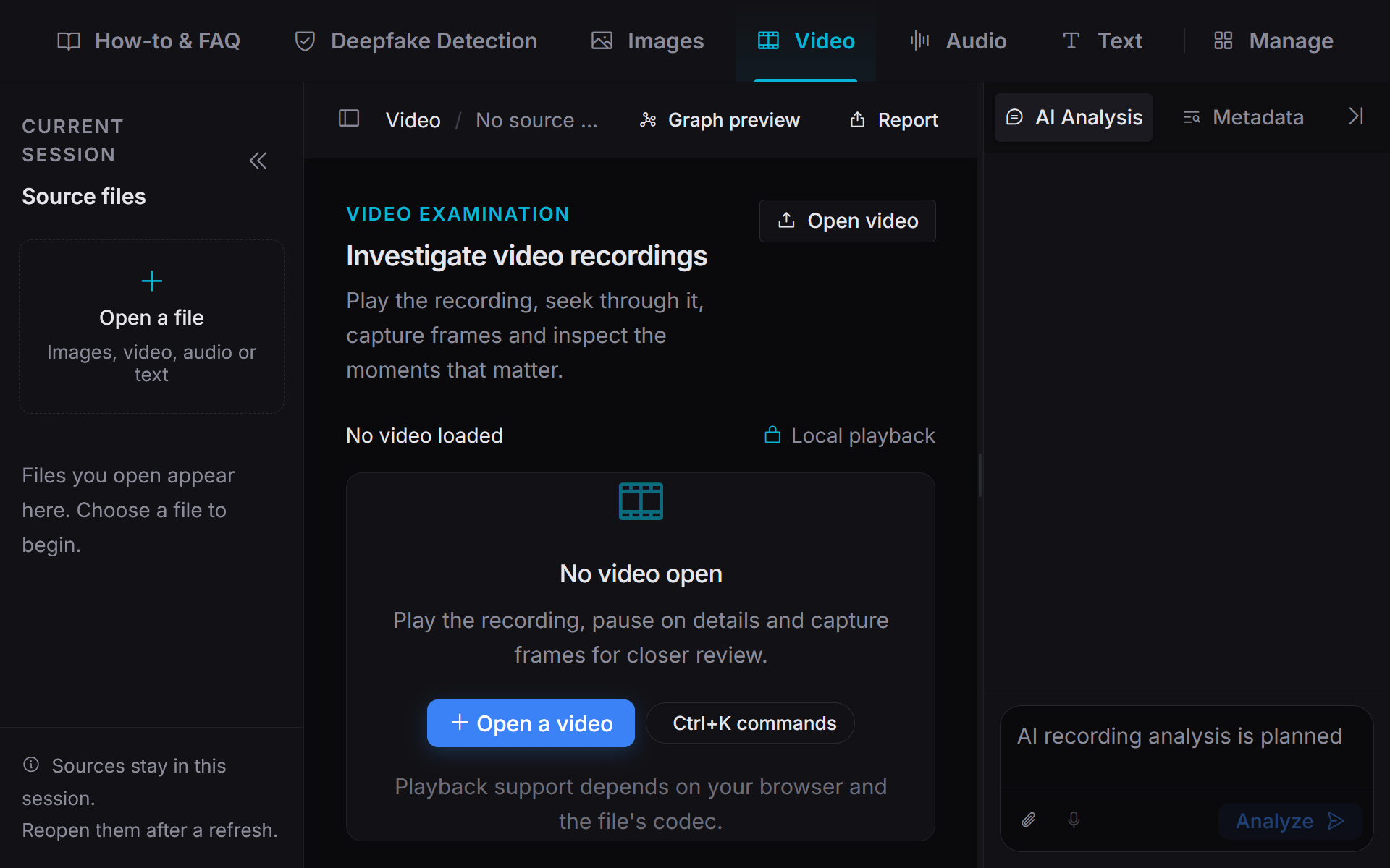 PixLab Forensic Video workspace with local playback, frame review, metadata, AI analysis, graph preview, and reporting controls