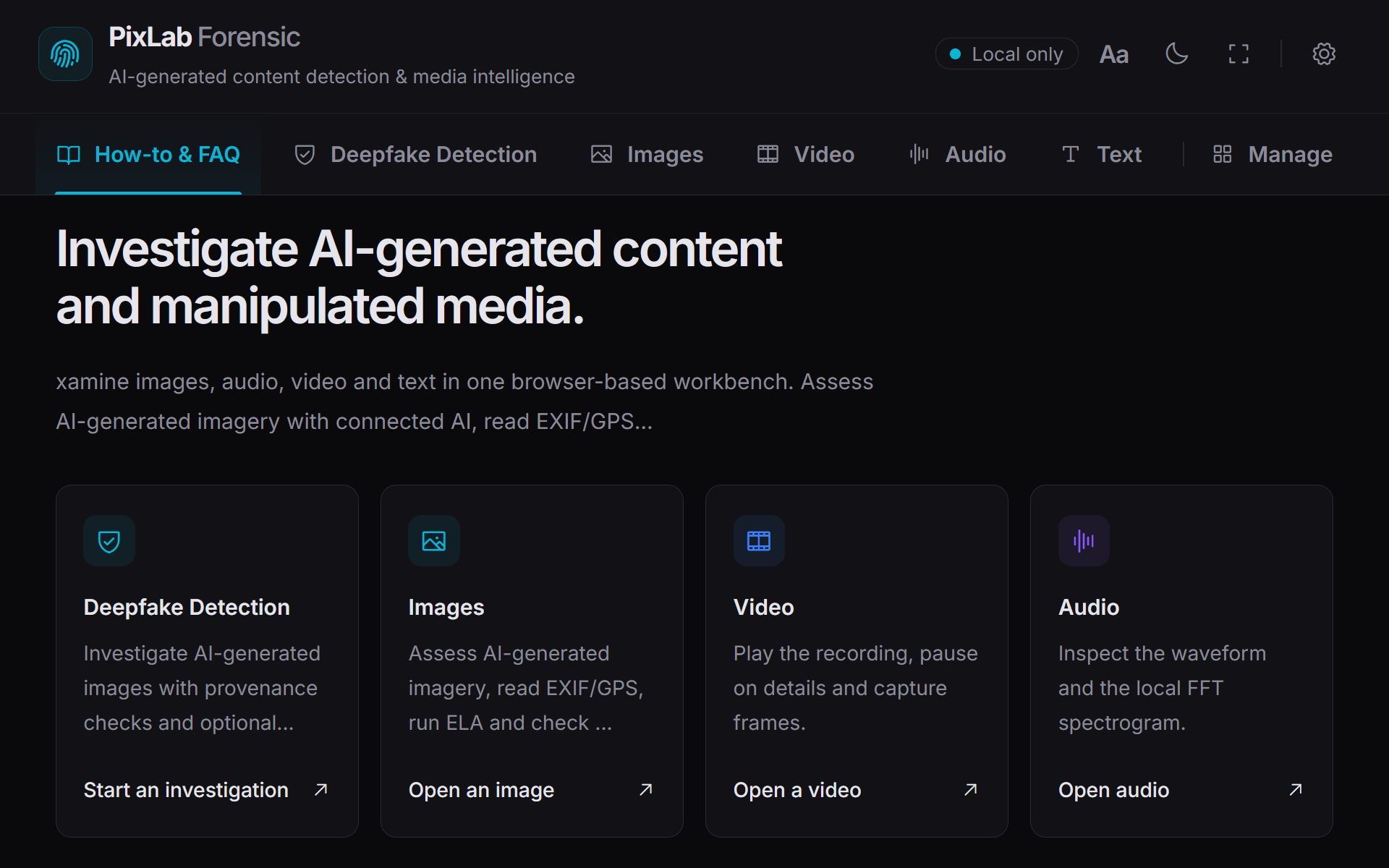 PixLab Forensic workbench overview with Deepfake Detection, Images, Video, Audio, Text, and Manage tools