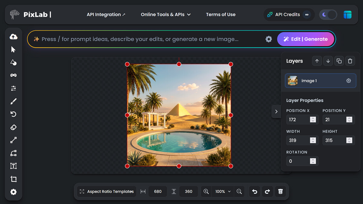 PixLab web editor interface showing photo editing tools and workspace on editor.pixlab.io