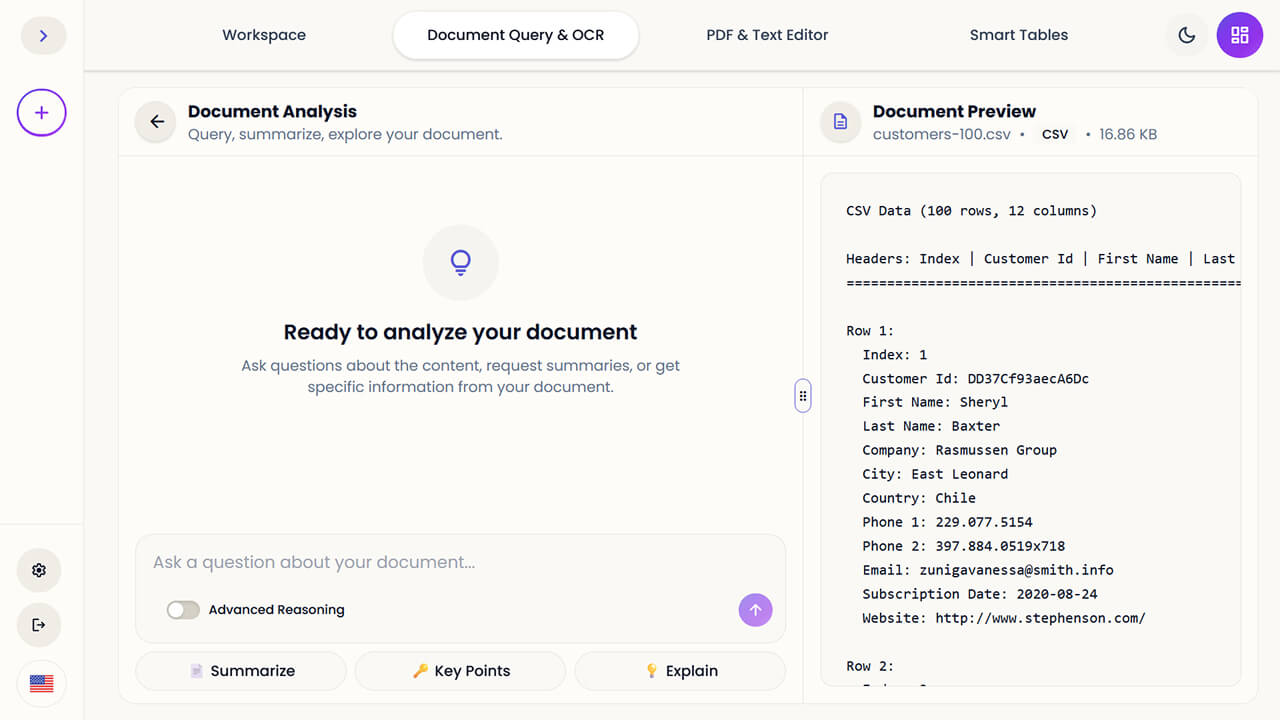 Document Analysis interface showing RAG-powered query, summarization, and data extraction features