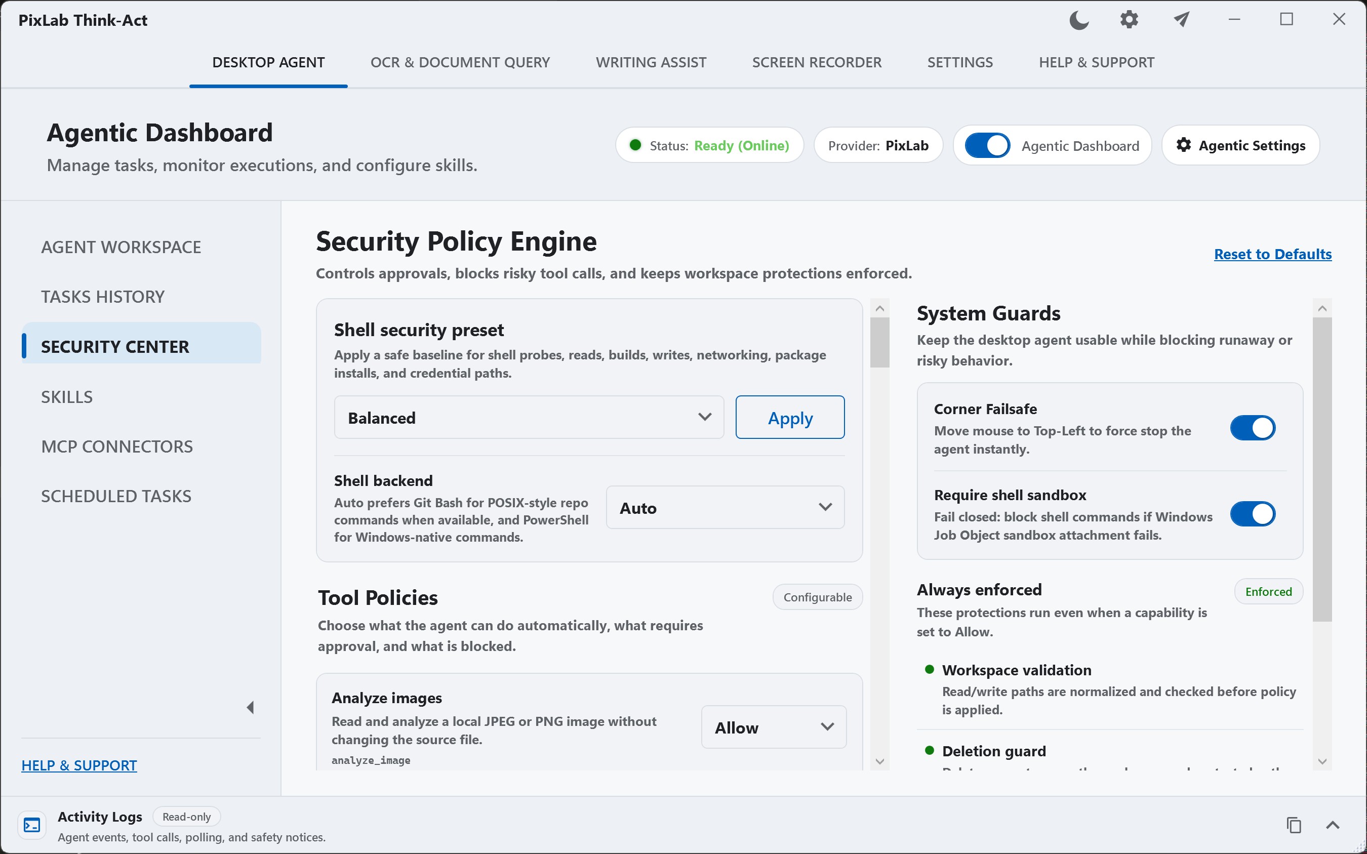 Think-Act System Configuration showing agent identity, execution logic, and data safety controls