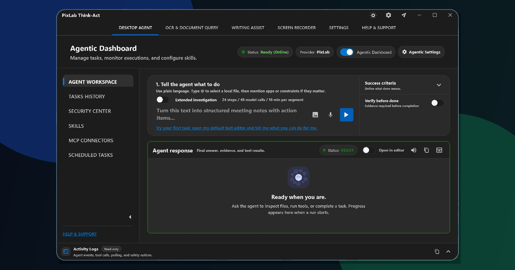 Think-Act desktop workspace for writing, document work, recording, and controlled automation