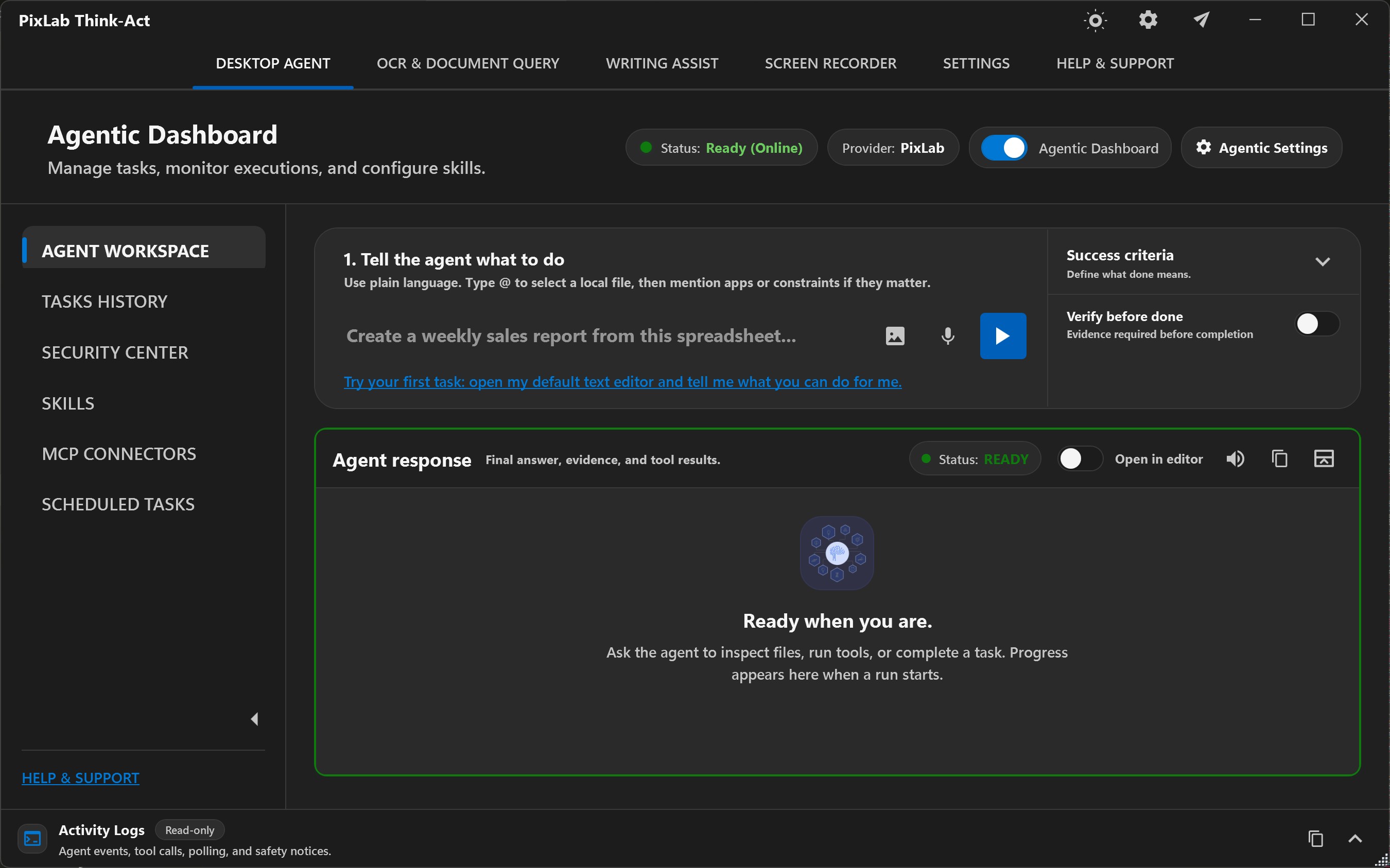 Think-Act Agentic Dashboard with a task prompt, success criteria, and response workspace