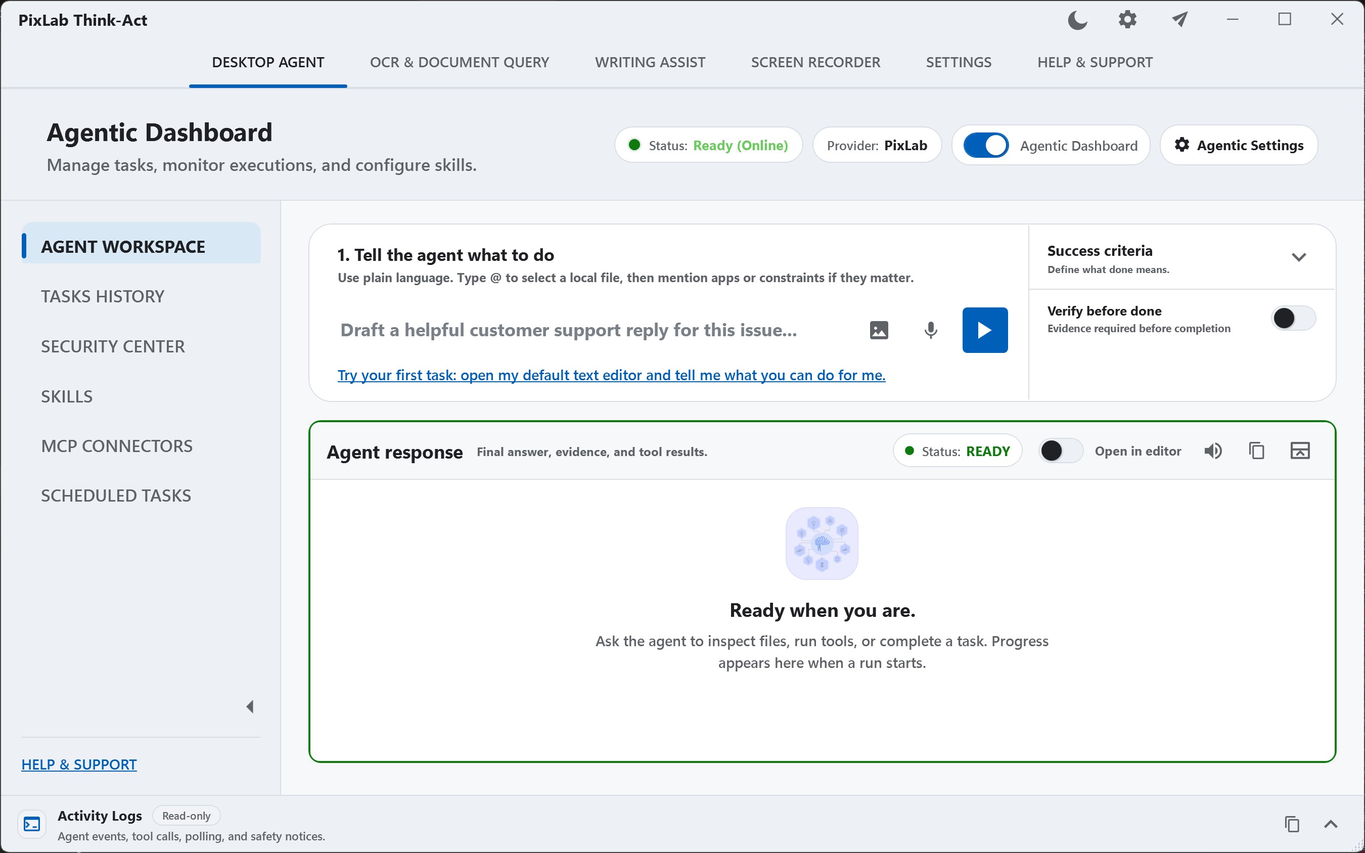 Think-Act Agentic Dashboard with a task prompt, success criteria, and response workspace