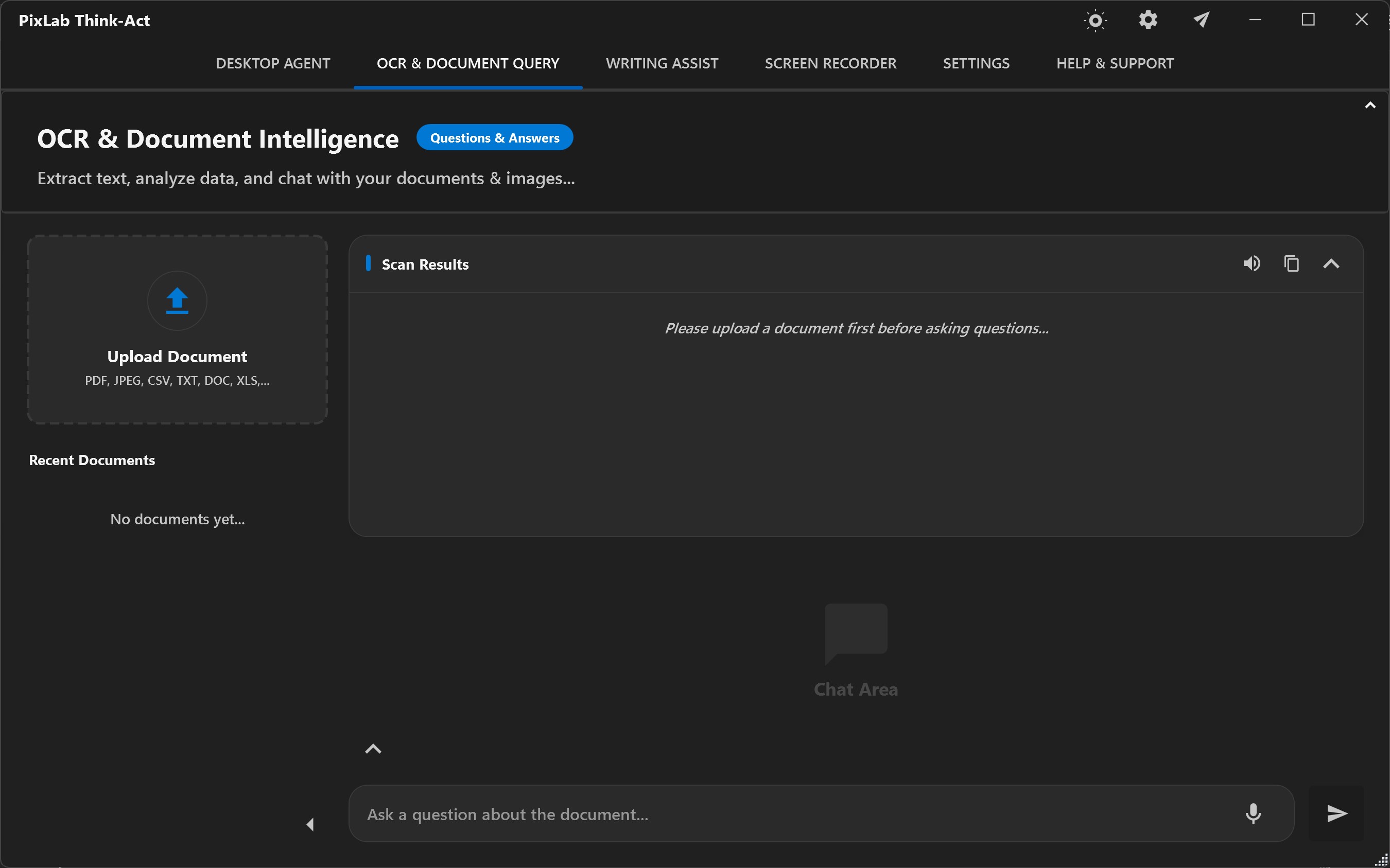Think-Act Document Intelligence workspace keeping an uploaded source beside scan results and document questions