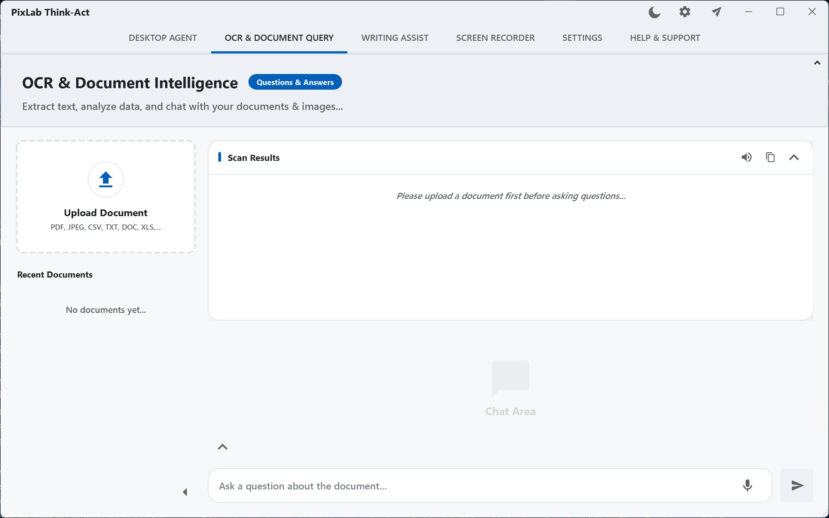 Think-Act Document Intelligence workspace keeping an uploaded source beside scan results and document questions