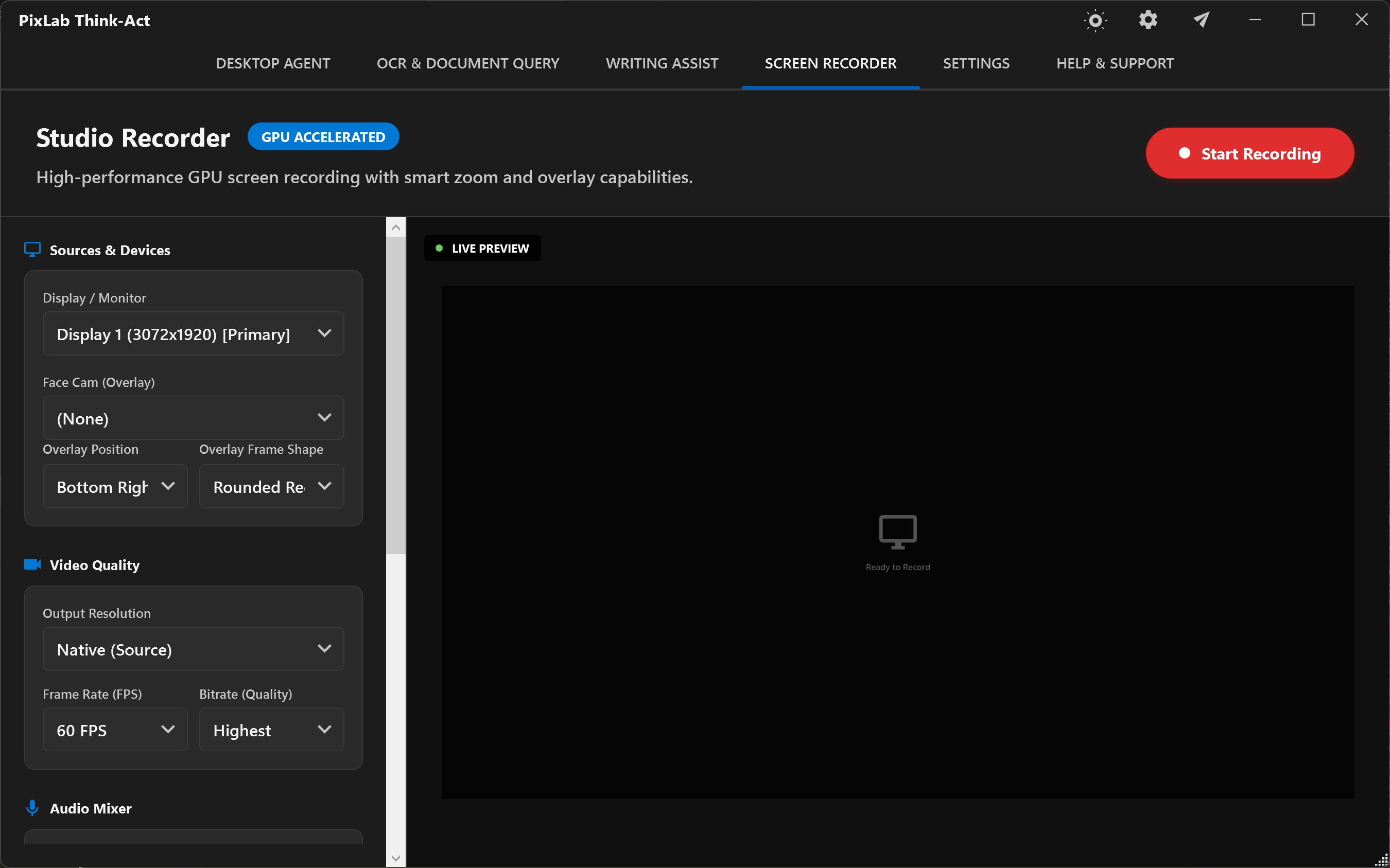 Think-Act Studio Recorder with source, camera overlay, quality, and live preview controls