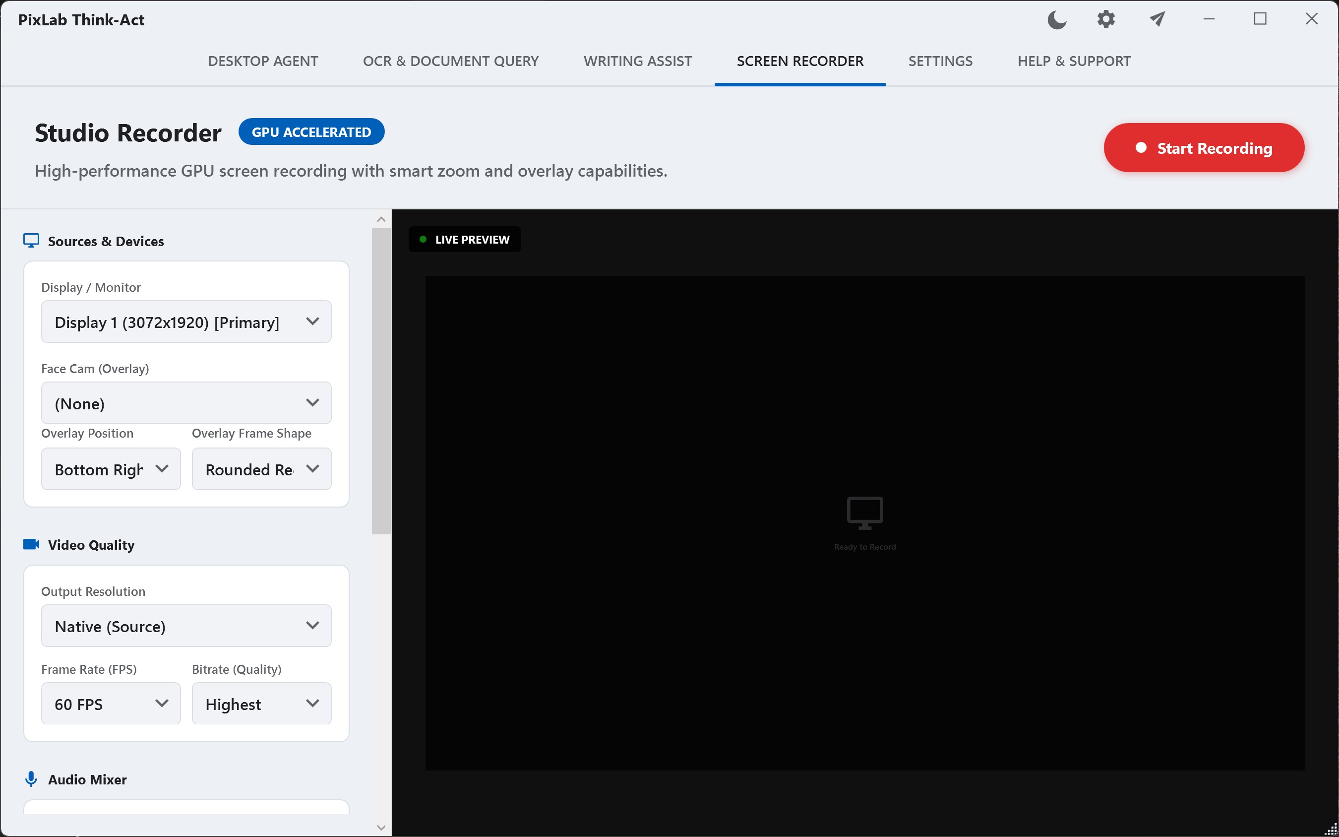 Think-Act Studio Recorder with source, camera overlay, quality, and live preview controls