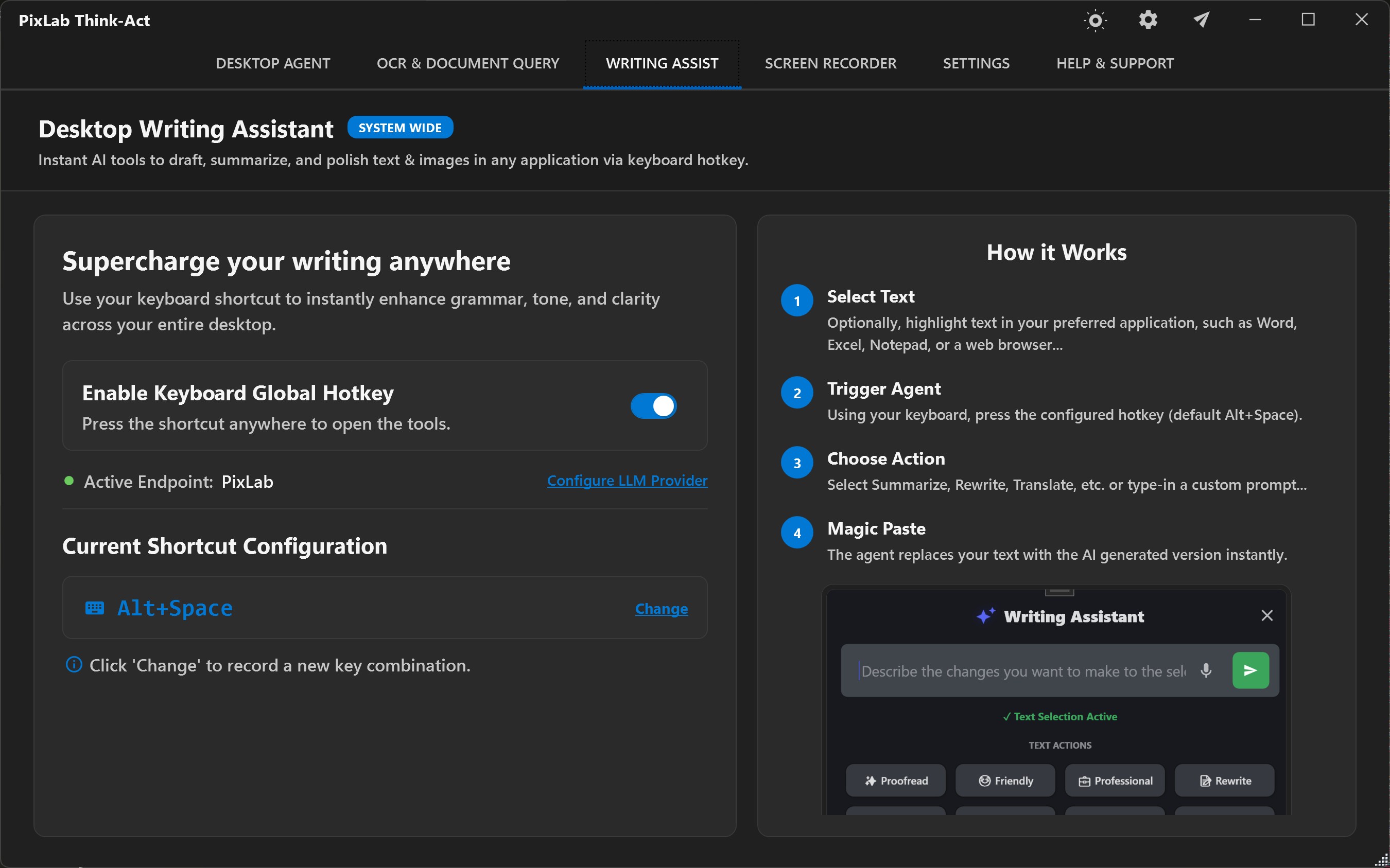 Think-Act Writing Assistant with global hotkey controls and text actions