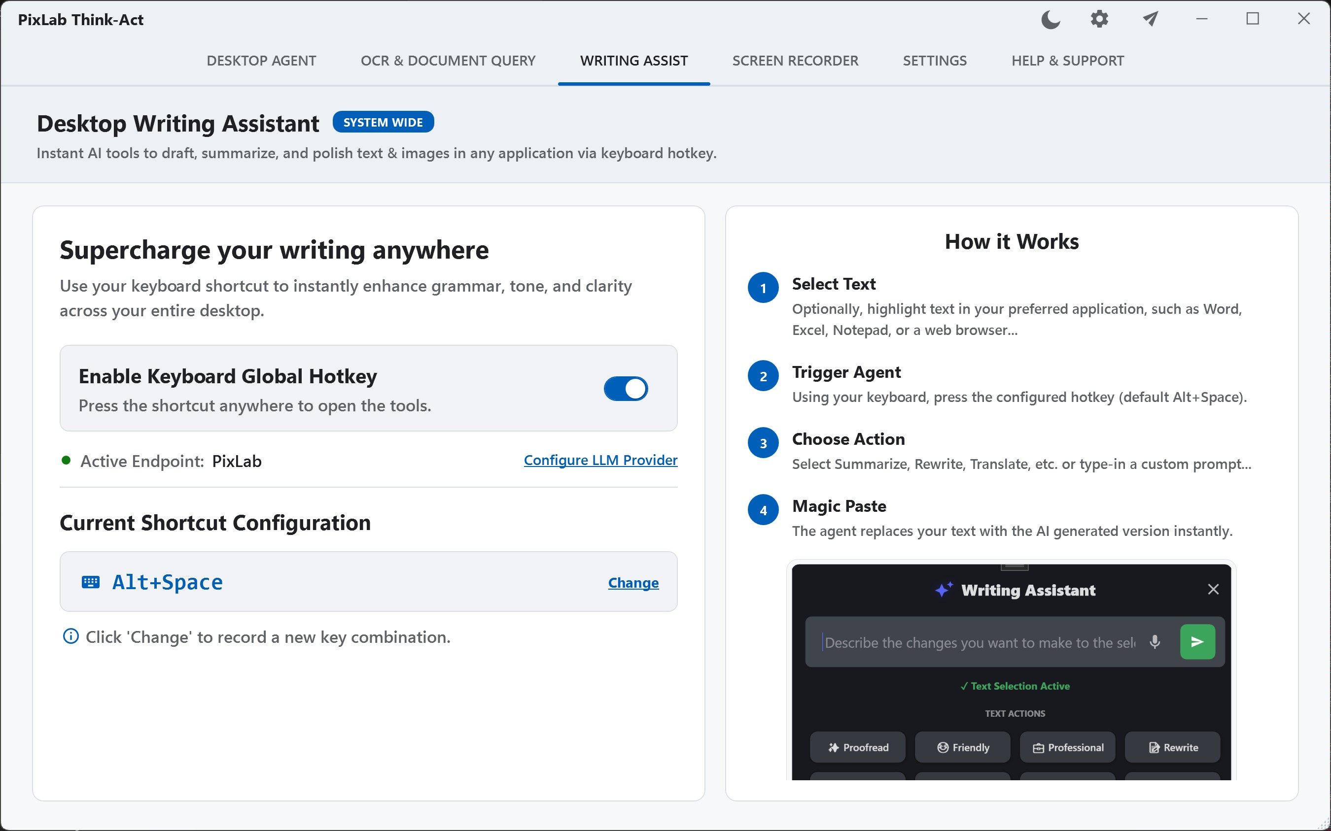 Think-Act Writing Assistant with global hotkey controls and text actions
