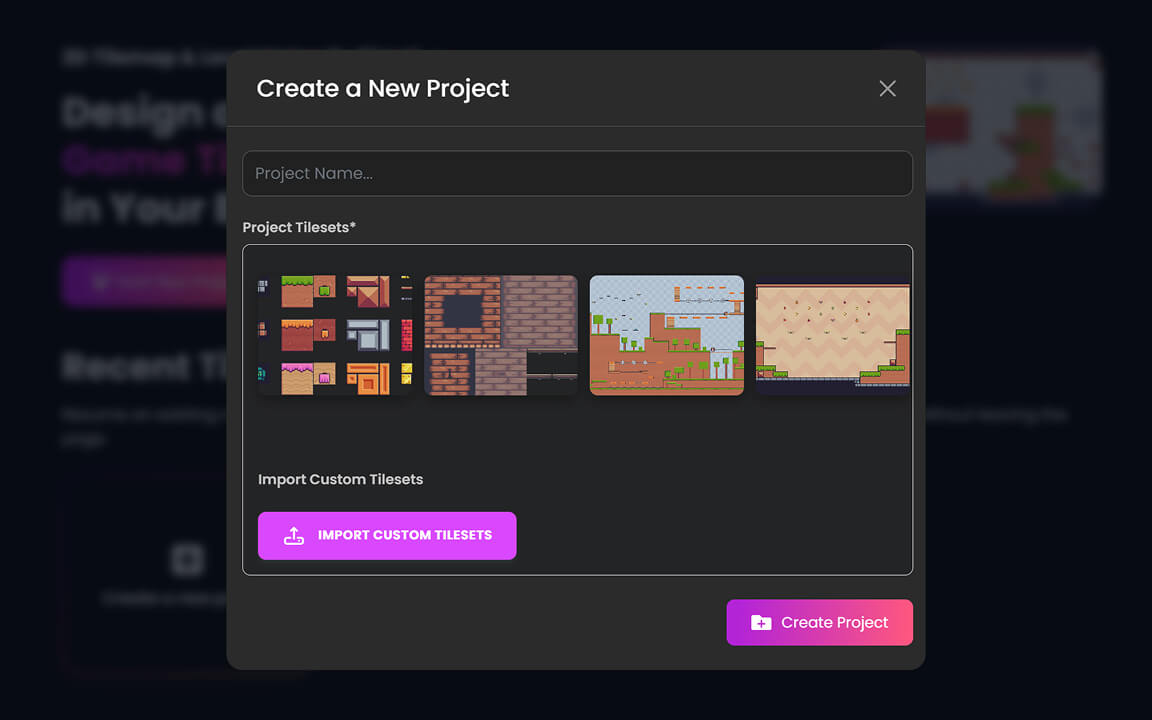 Tileset selection panel showing built-in and custom upload options