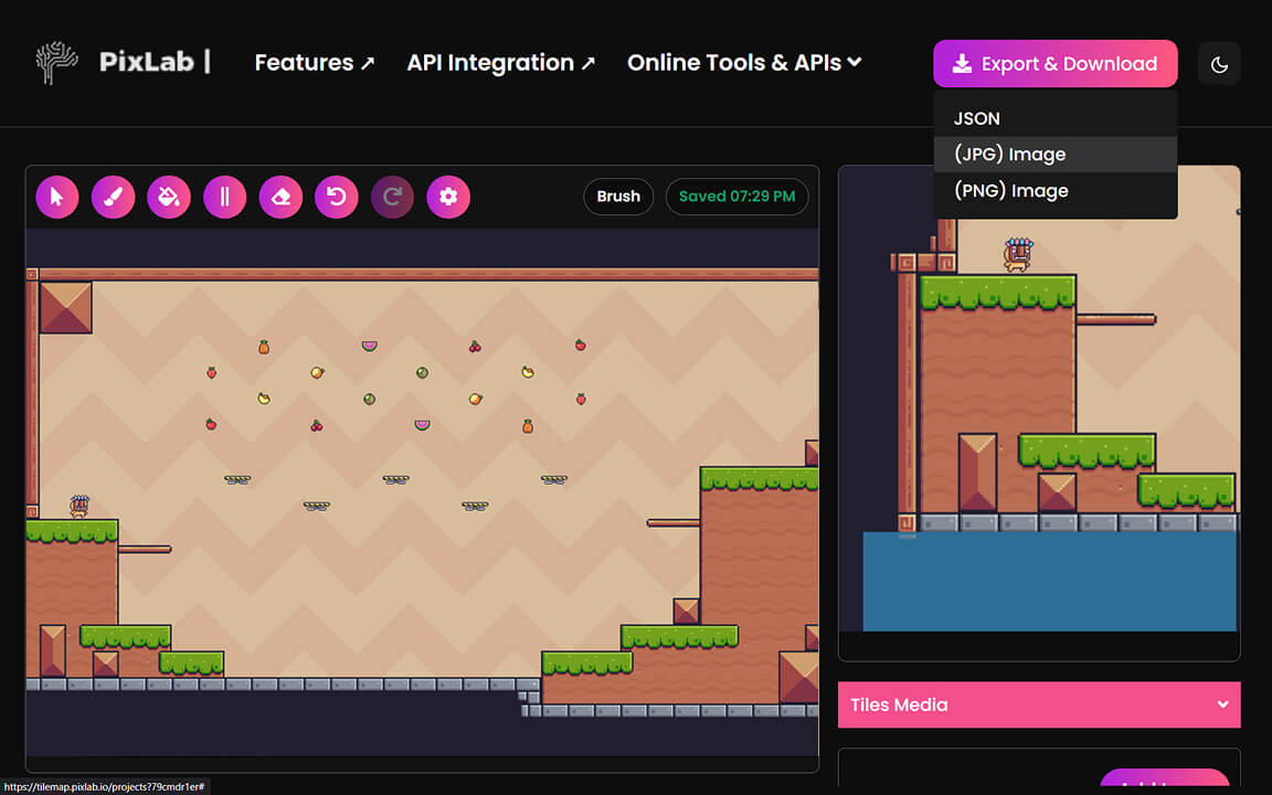 Tilemap export dialog showing JSON and image export options