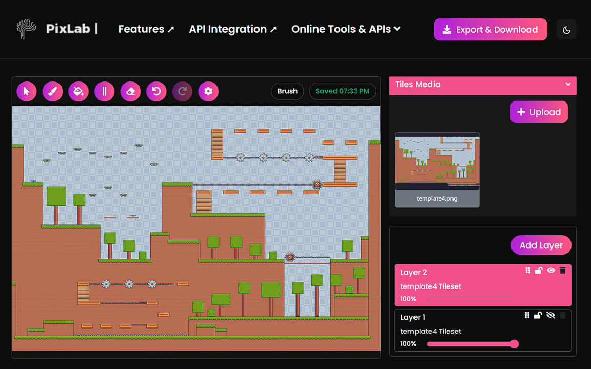 Tilemap editor layer panel showing multi-layer stack with lock, visibility, and opacity controls