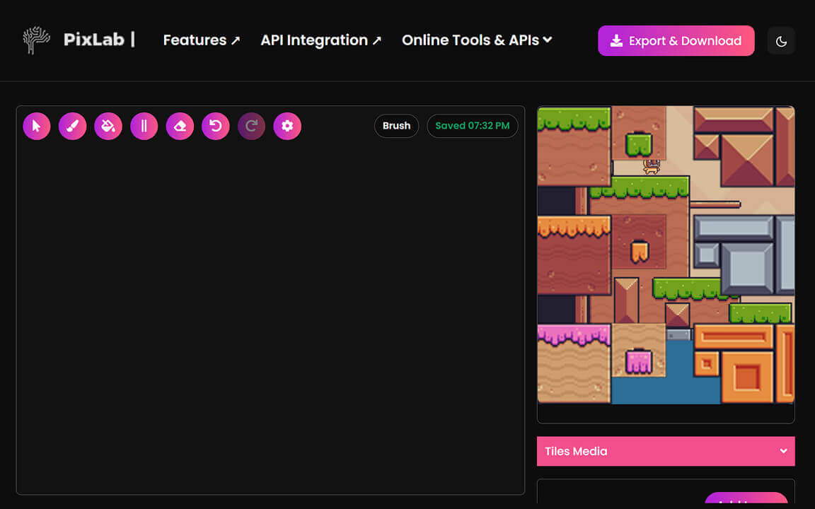 Designing a 2D game level in the PixLab tilemap editor using brush and fill tools