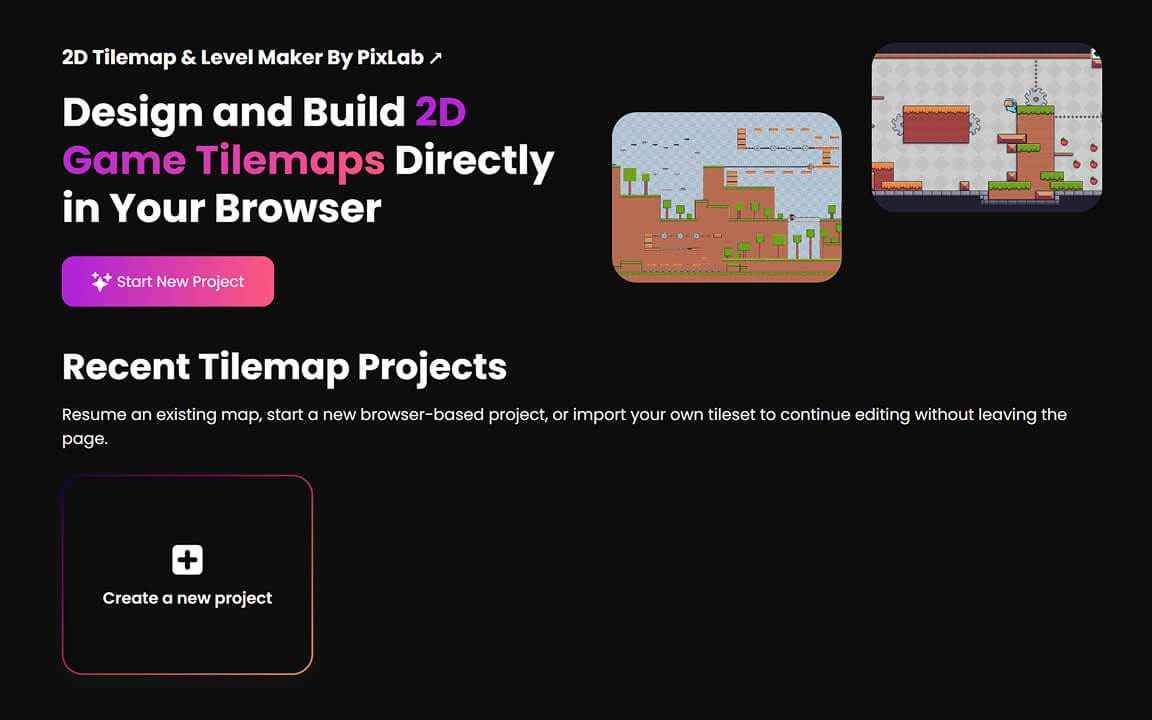 New tilemap project setup screen in the PixLab browser editor