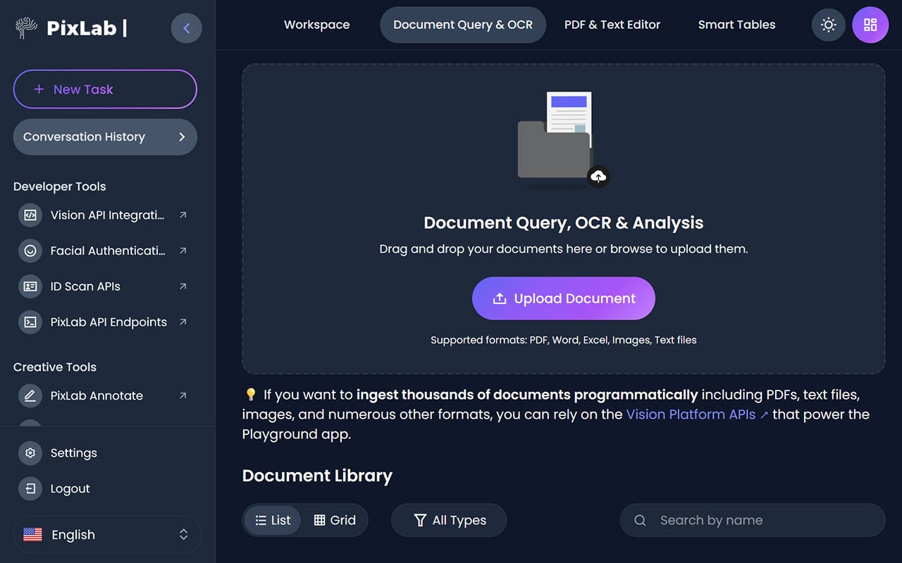 Vision Workspace Document Query and OCR screen with a document upload area, supported-format note, and document library controls