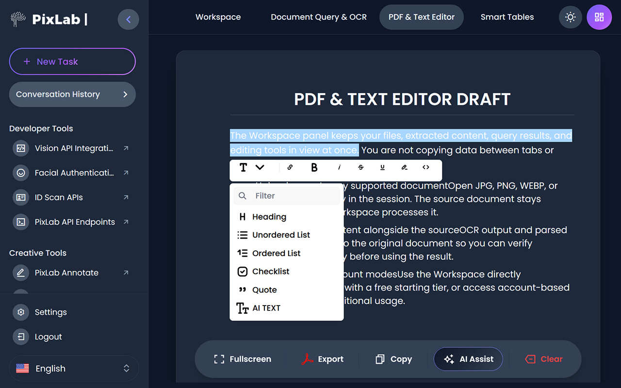 Vision Workspace PDF and Text Editor with selected text, an open formatting menu, and fullscreen, export, copy, AI Assist, and clear actions