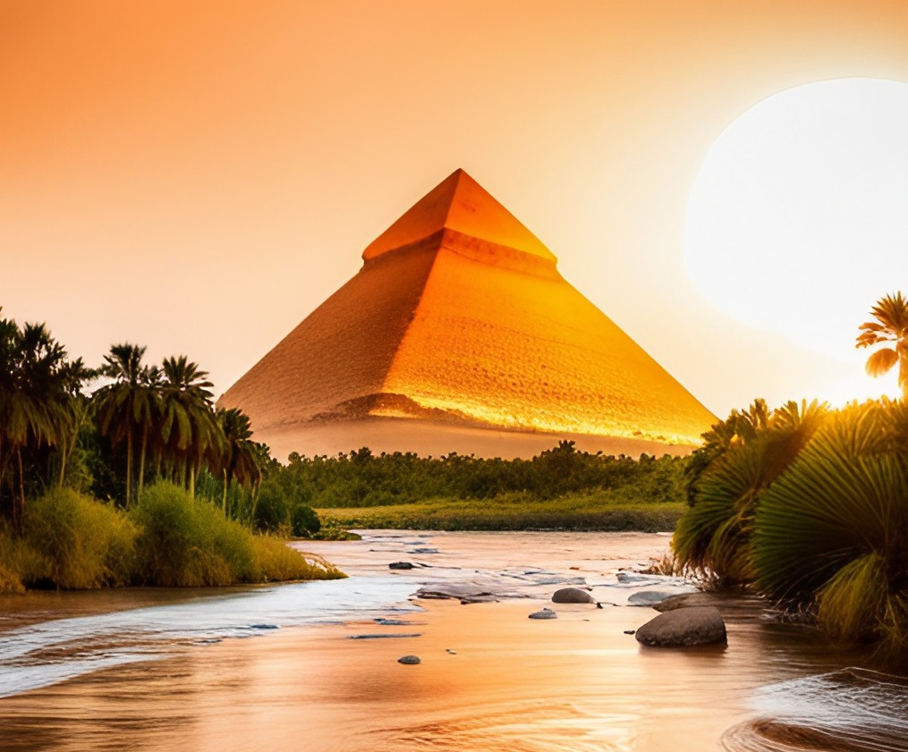 Prompt used to generate such image: pyramid, desert, palm trees, river, sun, (landscape), (high quality)